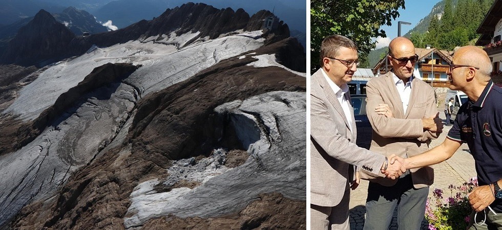 A sinistra, la gestione dell'area della Marmolada, a valle del distacco del seracco - foto Giorgio Salomon